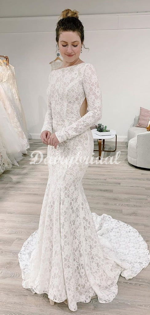 Stunning Mermaid Lace Long Sleeves Wedding Dress with a Detachable Train, FC4945