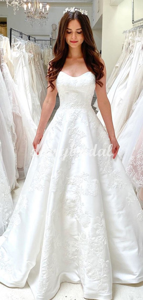 Honest A-line Satin Sweetheart Backless Lace Applique Wedding Dress, FC5097