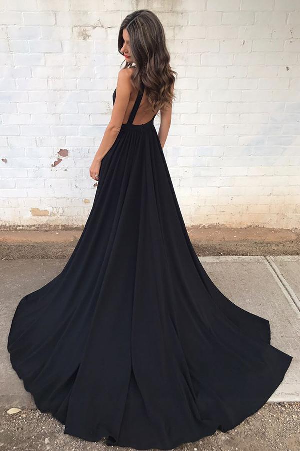 Long Prom Dresses, Chiffon Prom Dresses, A-Line Party Dresses, Black Evening Dresses, Deep V-Neck Prom Dress, Backless Prom Dress, Sexy Prom Dress, LB0573