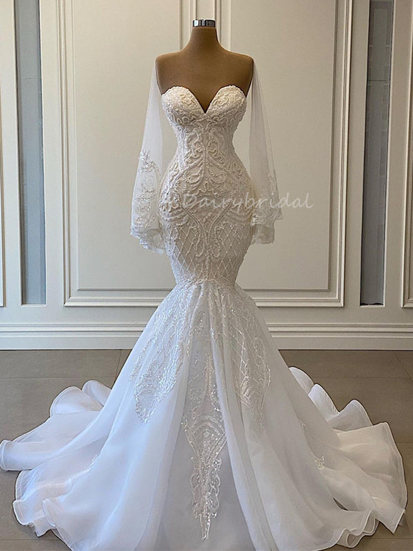 Luxury Mermaid Lace Sweetheart Long Sleeves Wedding Dresses, FC5799