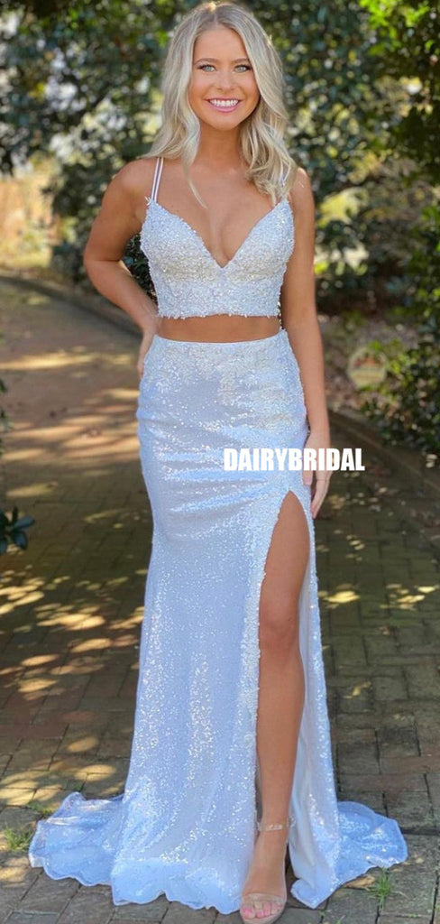 Two Pieces Mermaid V-neck Sexy Backless Slit Prom Dresses, FC5810