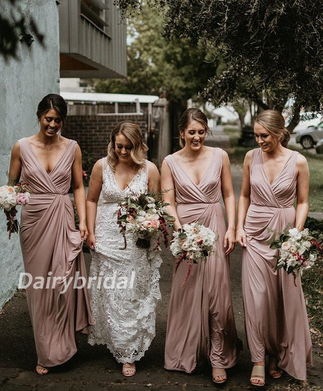 V-Neck Pleated Bridesmaid Dress, Soft Satin V-Back Bridesmaid Dress, D594