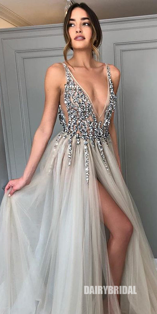 A-line Tulle Charming Deep V-neck Beaded Backless Prom Dresses, FC601