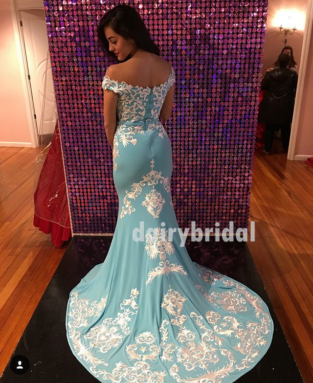 Charming Off Shoulder Prom Dress, Soft Satin Mermaid Applique Prom Dress, D617