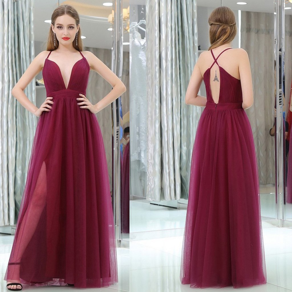 Long Prom Dresses, Tulle Prom Dresses, Deep V-Neck Party Dresses, Open-Back Evening Dresses, A-Line Prom Dress, Side Split Prom Dress, Sexy Prom Dress, LB0624