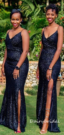 Spaghetti Straps Black Sequin V-neck Mermaid Slit Bridesmaid Dress, FC6292
