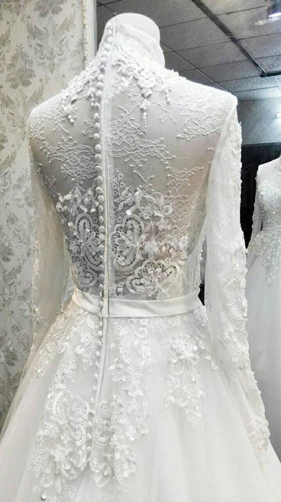 Charming High Neck Long Sleeves Lace Applique Luxury Long Wedding Bridal Ball Gown, WG630