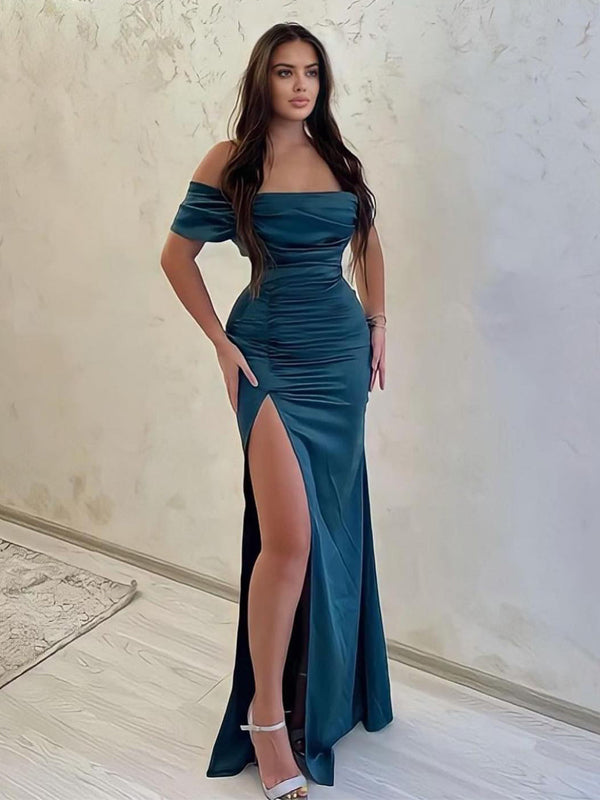 Charming Off Shoulder Mermaid Sexy Slit Long Prom Dresses, FC6592