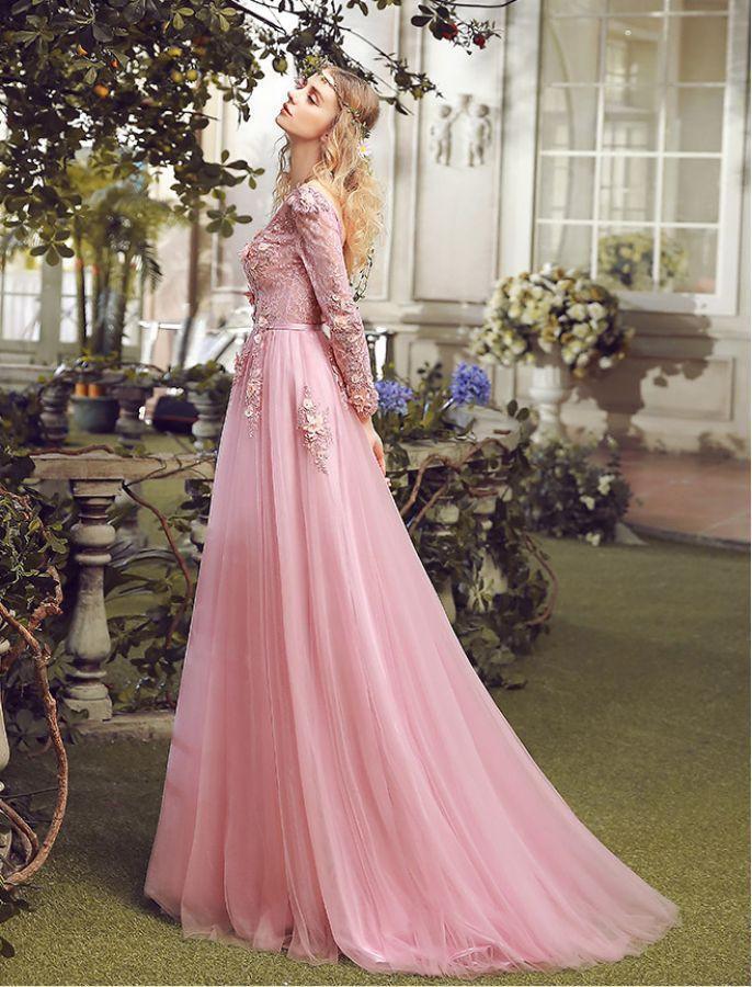 Long Prom Dress, V-Neck Prom Dress, Tulle Prom Dress, A-Line Prom Dress, Long Sleeve Prom Dress, Applique Prom Dress, Party Dresses, Evening Dresses, LB0693