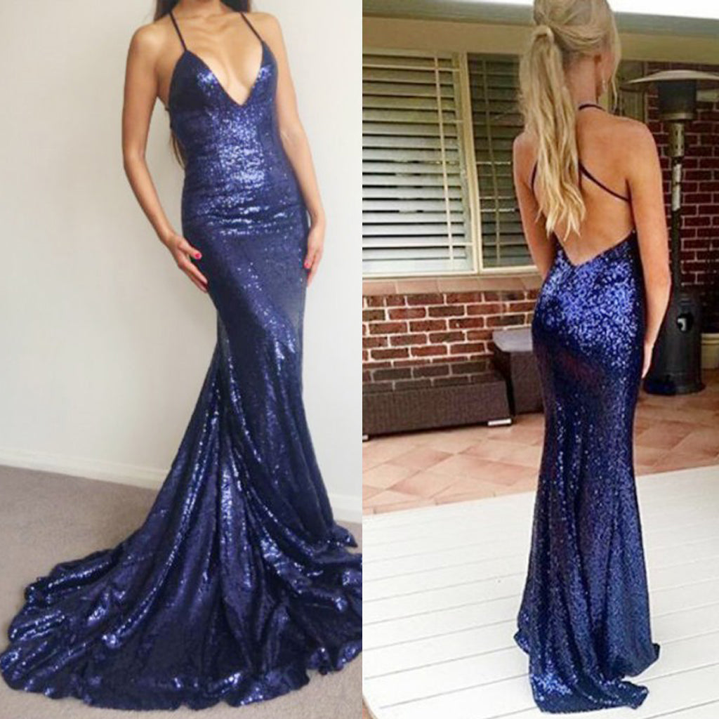 Spaghetti Straps V-Neck Sequin Sexy Backless Mermaid Prom Dress, D724