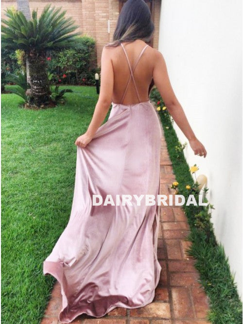 Sexy V-Neck Spaghetti Straps Backless Slit Mermaid Prom Dress, D725