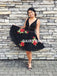 Black Applique Homecoming Dress, V-Back Beaded Mini Homecoming Dress, D756