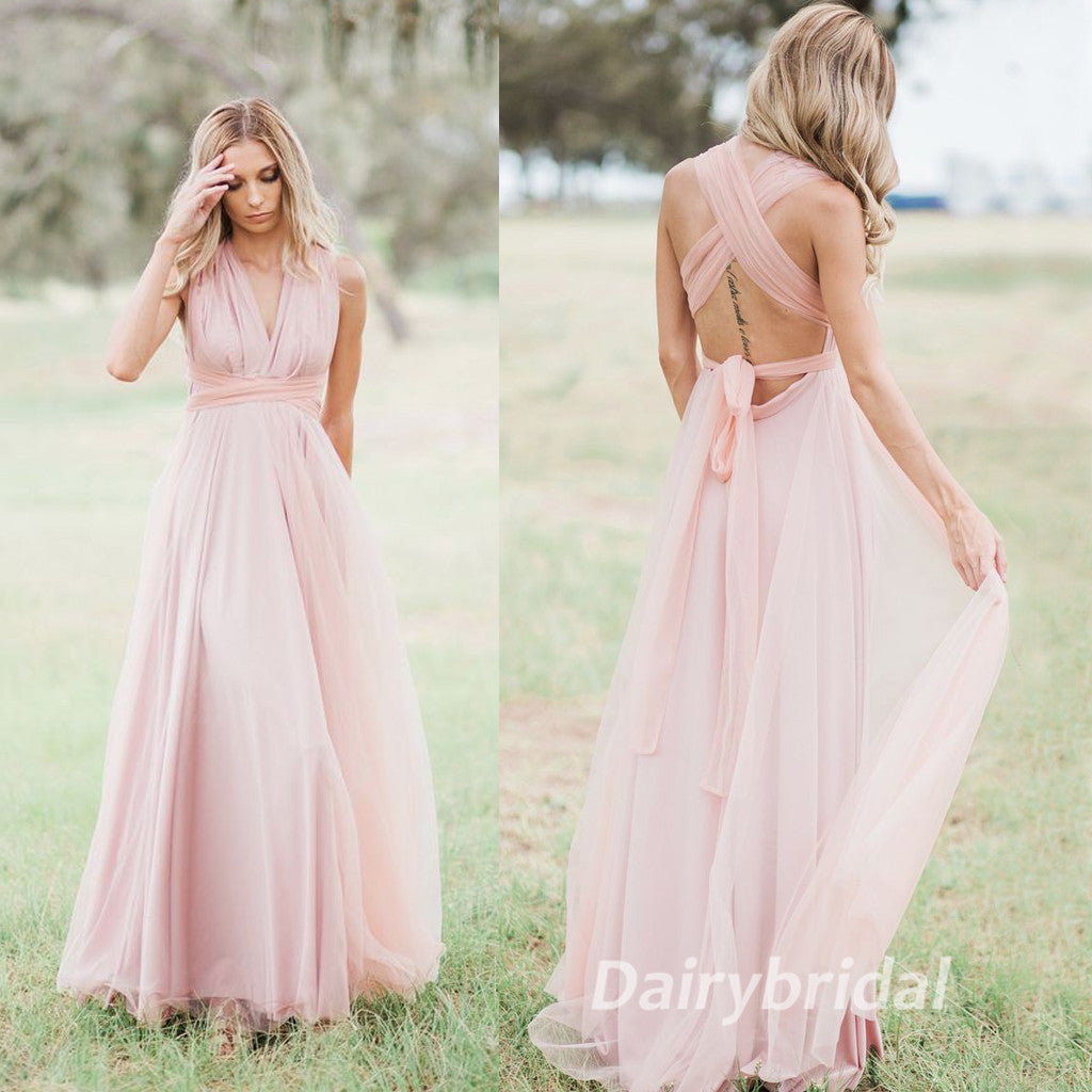 Convertible Bridesmaid Dress, Tulle Bridesmaid Dress, Backless Bridesmaid Dress, Cheap Bridesmaid Dress, Pink Bridesmaid Dress, DA875