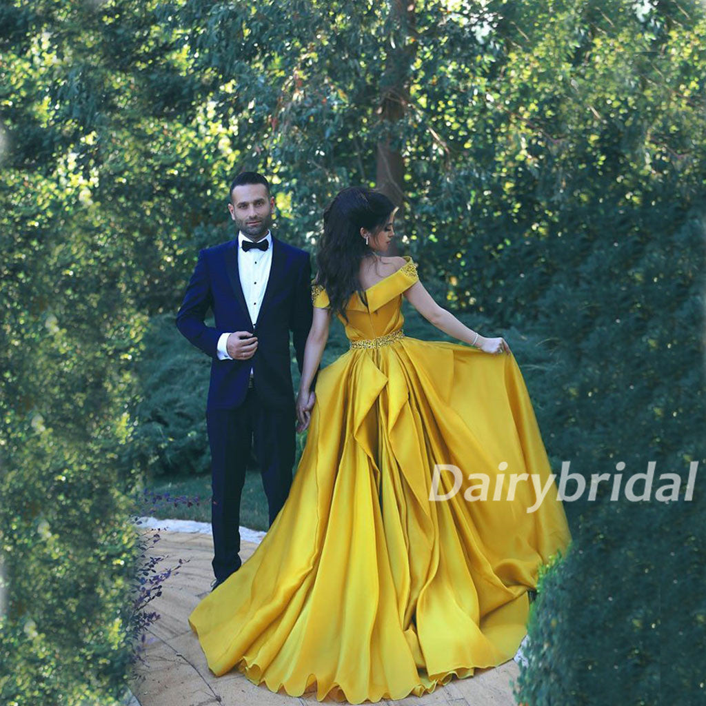 Off the Shoulder Prom Dress, Soft Satin Prom Dress, Beading Prom Dress, Yellow Prom Dress, A-Line Prom Dress, DA914