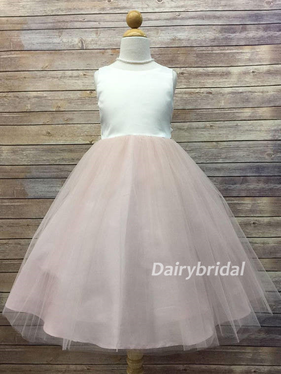 Satin Top Tulle Sleeveless Flower Girl Dresses, Lovely Tutu Dresses,  DA918