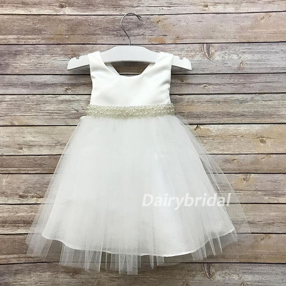 Beaded Round Neckline Satin Top Tulle Sleeveless Flower Girl Dresses, Lovely Tutu Dresses,  DA919