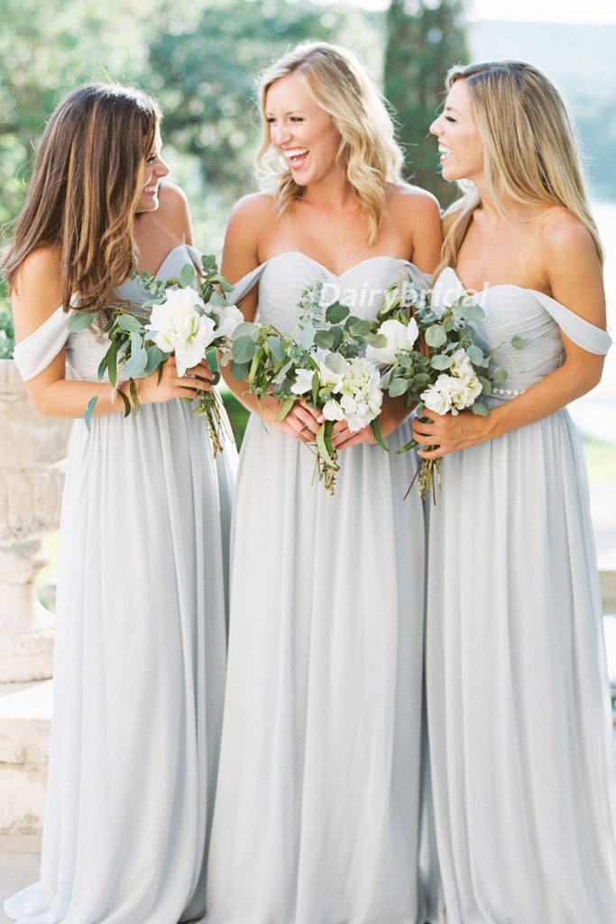 Off Shoulder Bridesmaid Dress, Chiffon Bridesmaid Dress, Sweet Heart Bridesmaid Dress, Pale Blue Bridesmaid Dress, Cheap Bridesmaid Dress, DA937