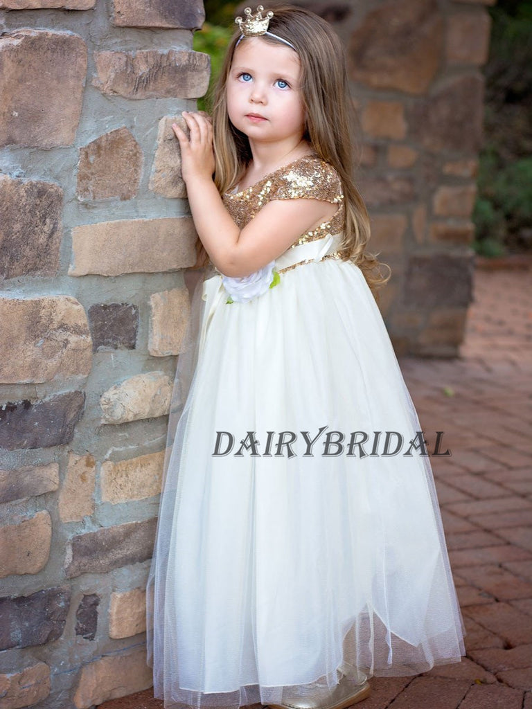 Cap Sleeve Tulle Sequin Flower Girl Dresses, Cheap Lovely Little Girl Dresses,  LB0964