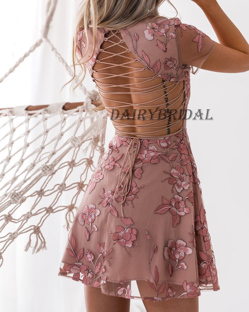 Tulle Homecoming Dress, Applique Homecoming Dress, Cross Back Homecoming Dress, Above-Knee Homecoming Dress, DA976