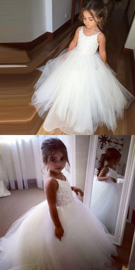 Spaghetti Lace Top White Tulle Hot Sale Flower Girl Dresses For Wedding Party, FG005