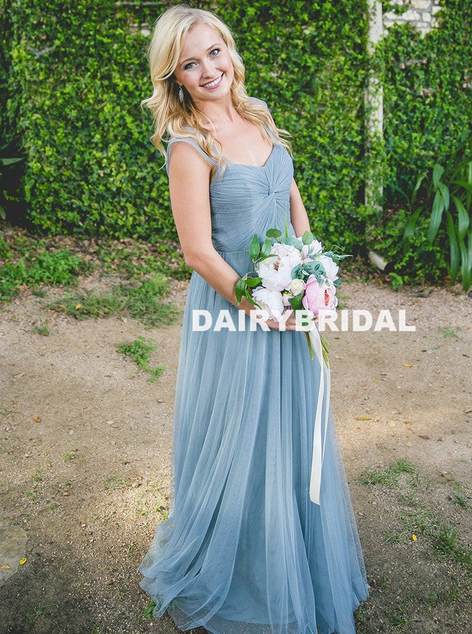 Long Tulle A-Line Bridesmaid Dress, Cheap Backless Floor-Length Bridesmaid Dress, D1046