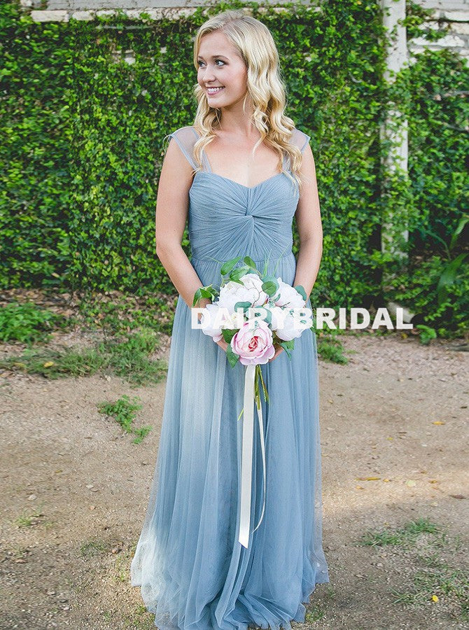 Long Tulle A-Line Bridesmaid Dress, Cheap Backless Floor-Length Bridesmaid Dress, D1046