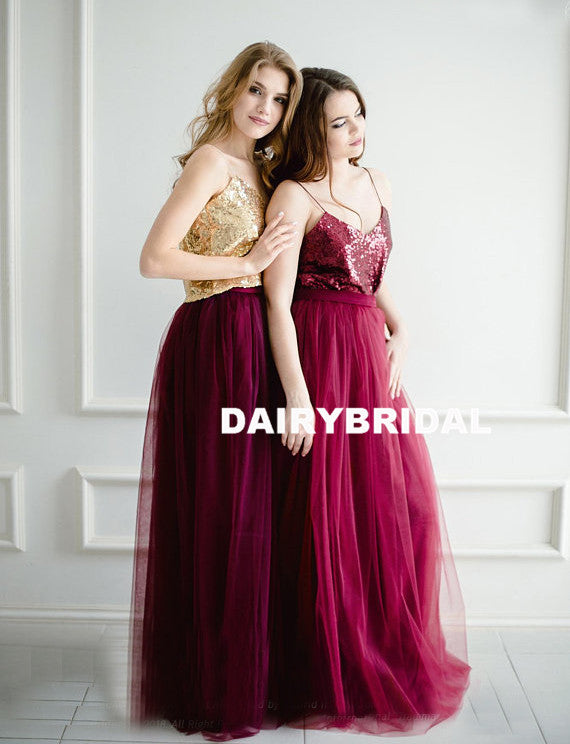 Newest Sequin Top A-Line Two Pieces Tulle Mismatched Bridesmaid Dresses, D1181