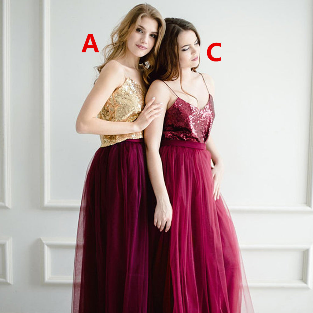 Newest Sequin Top A-Line Two Pieces Tulle Mismatched Bridesmaid Dresses, D1181