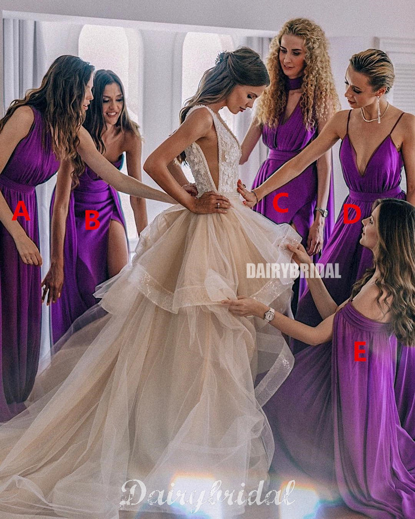 Mismatched Purple Chiffon A-Line Stunning Bridesmaid Dress, FC4583