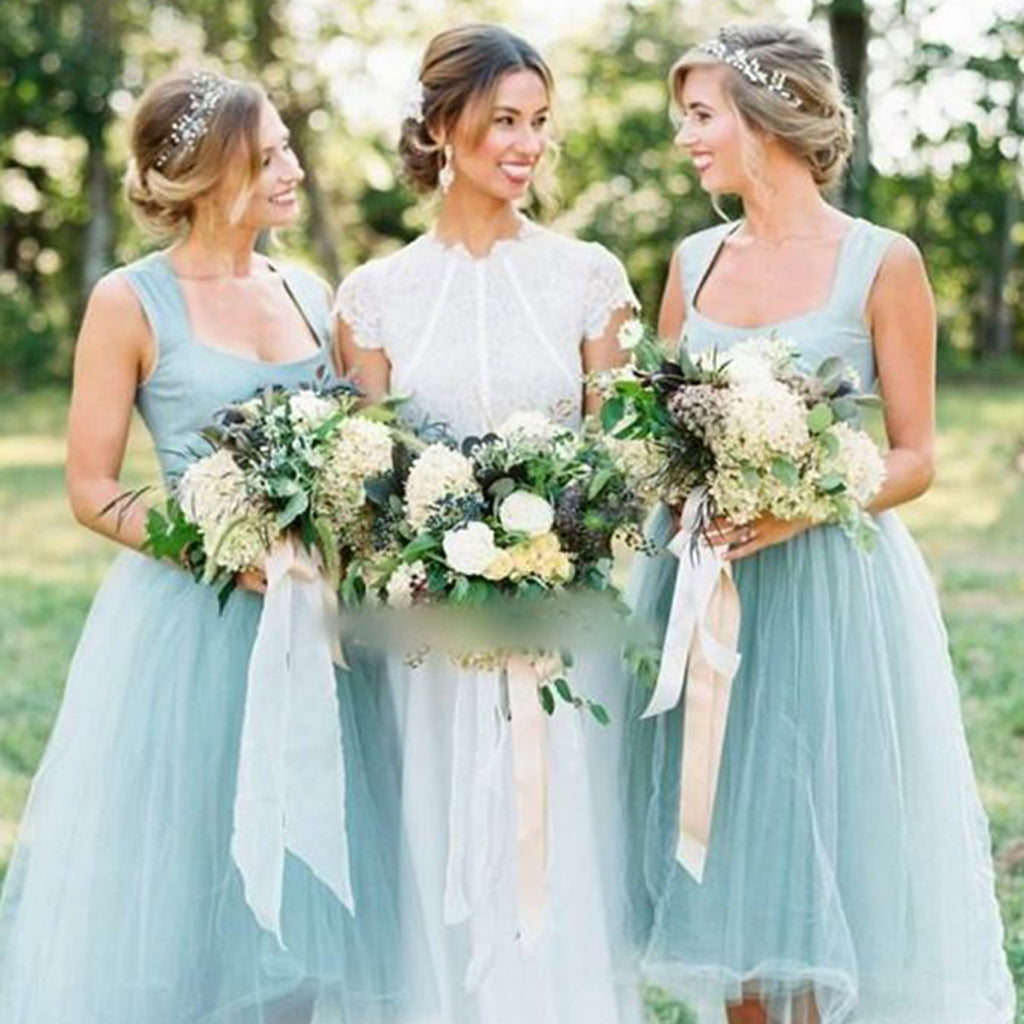 Unique High-Low Tulle A-Line Sleeveless Zip Up Bridesmaid Dresses, D945