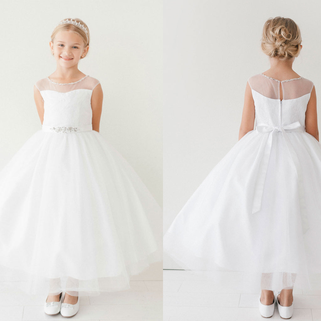 Lace Top Tulle Flower Girl Dresses, Popular Little Girl Dresses with Beaded Belt, D1147