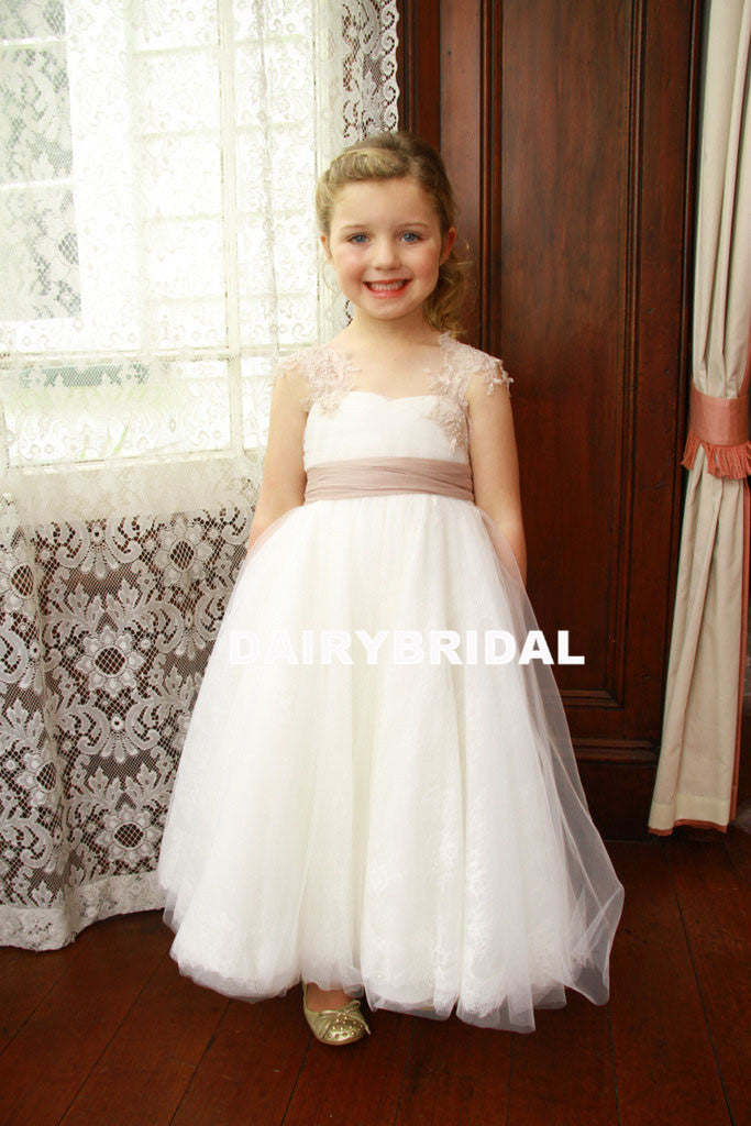 Cap Sleeve Lace Tulle Flower Girl Dresses, Popular Little Girl Dresses with Tulle Belt, D1150