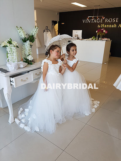 White Backless Applique Flower Girl Dresses, Tulle Lovely Little Girl Dresses, D1197