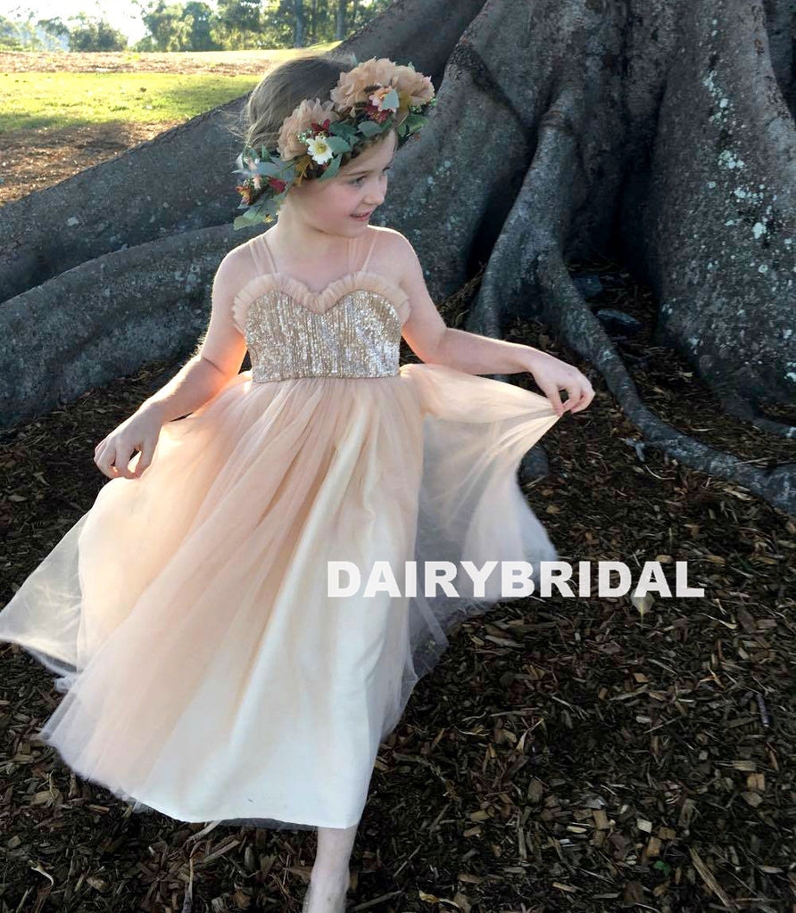 Champagne Tulle Backless Flower Girl Dresses, Sequin Lovely Little Girl Dresses, D1238