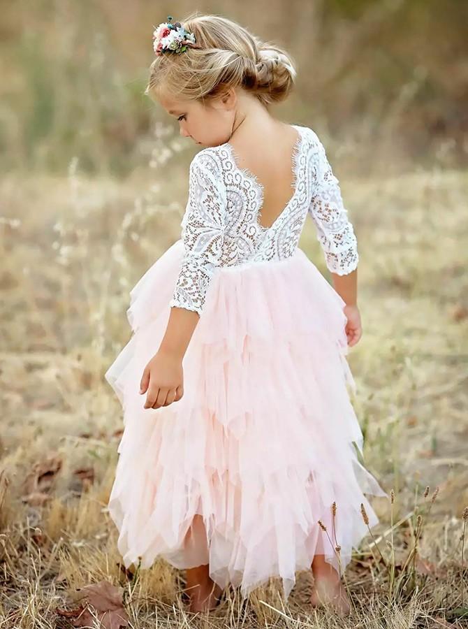 A-Line Lace Top 3/4 Sleeve Tulle Flower Girl Dresses, Tea-Length Lovely Little Girl Dresses, FC2176