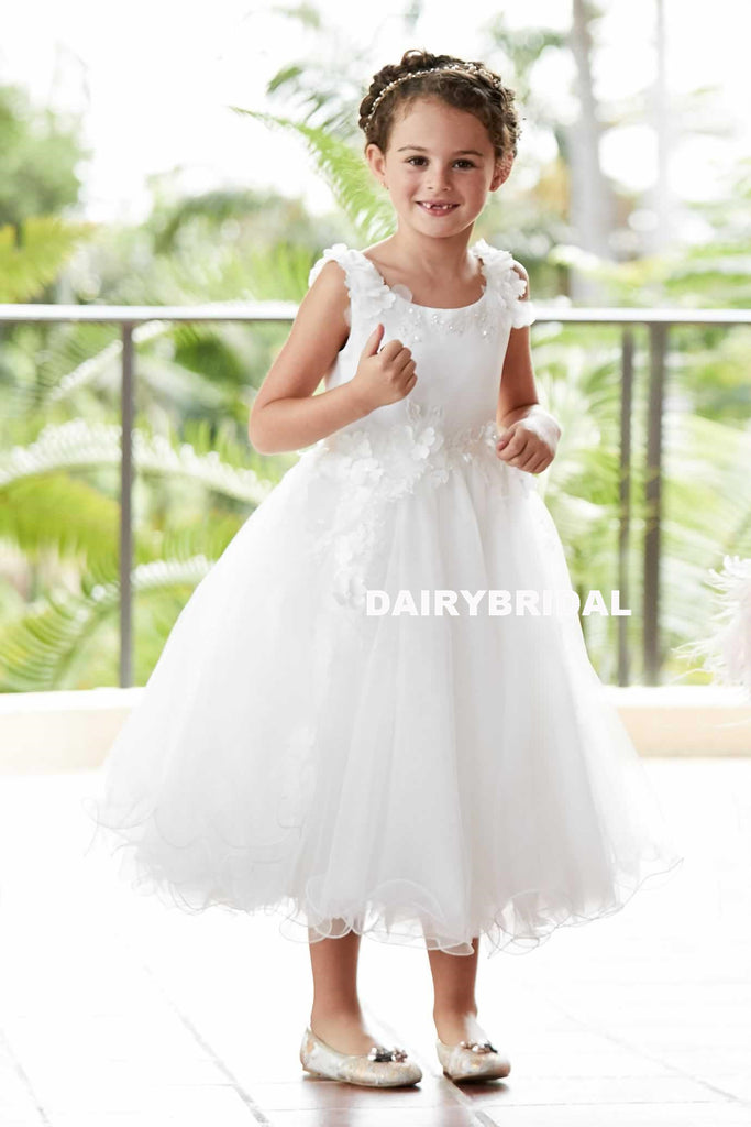 White Tulle Round Neckline Flower Girl Dresses, Applique Popular Little Girl Dresses, D994