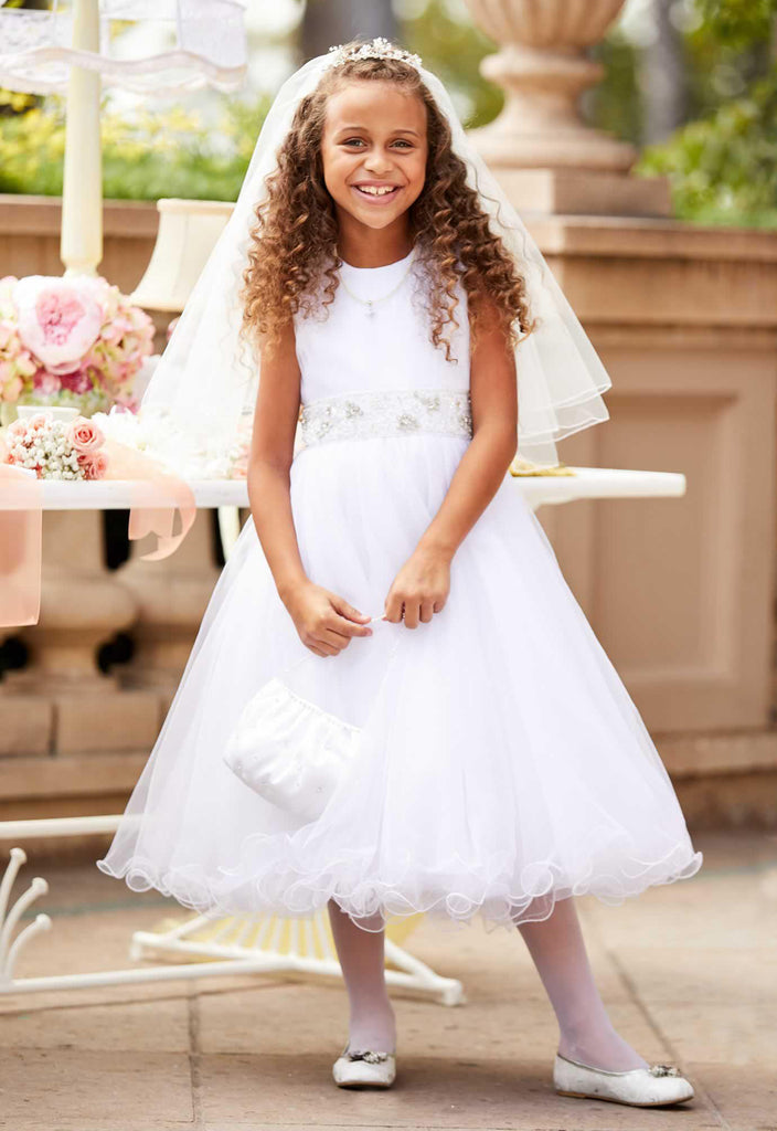 White Beaded Round Neckline Flower Girl Dresses, Tulle Popular Little Girl Dresses, D995