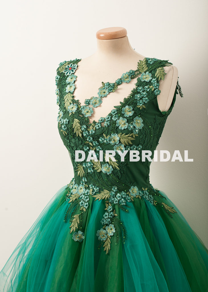 Forest Green A-Line Beaded Homecoming Dress, Tulle Sleeveless Applique Homecoming Dress, D1315