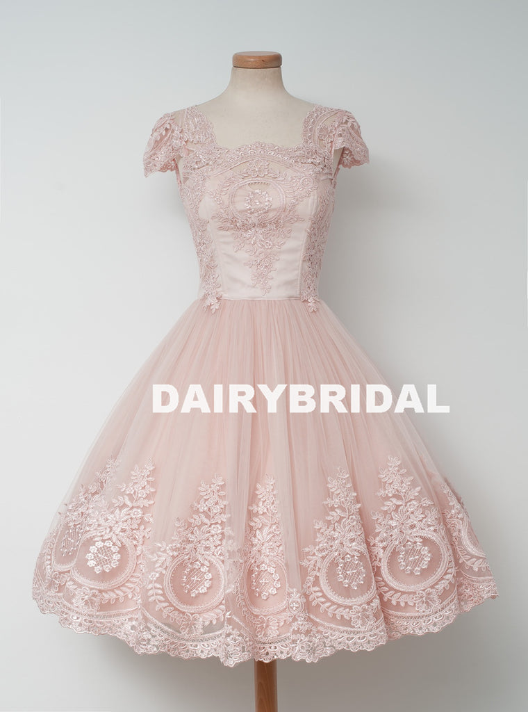 Cap Sleeve Pink Lace Homecoming Dress, Tulle A-Line Backless Homecoming Dress, D1318