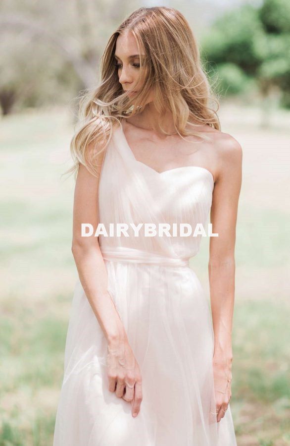 Long One Shoulder A-Line Tulle Bridesmaid Dress, Cheap Light Pink Backless Bridesmaid Dress, D959