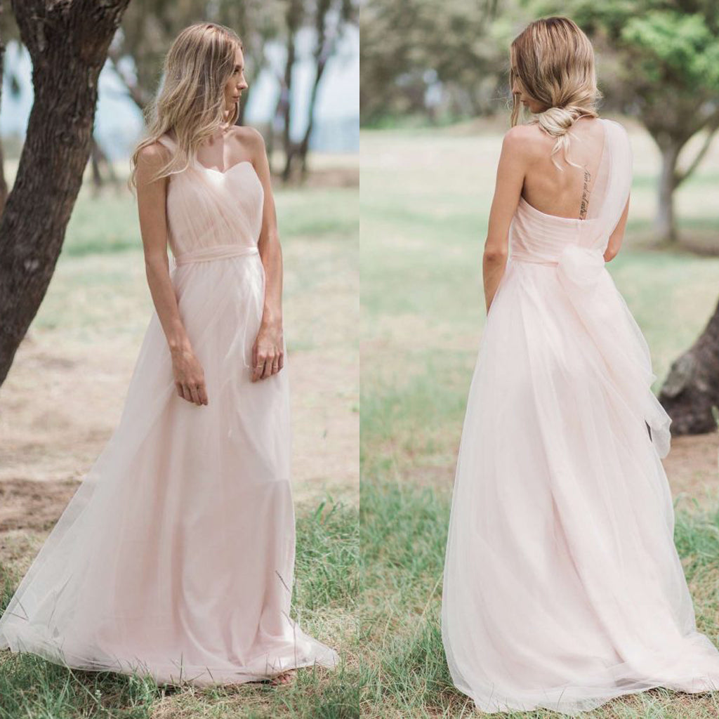 Long One Shoulder A-Line Tulle Bridesmaid Dress, Cheap Light Pink Backless Bridesmaid Dress, D959