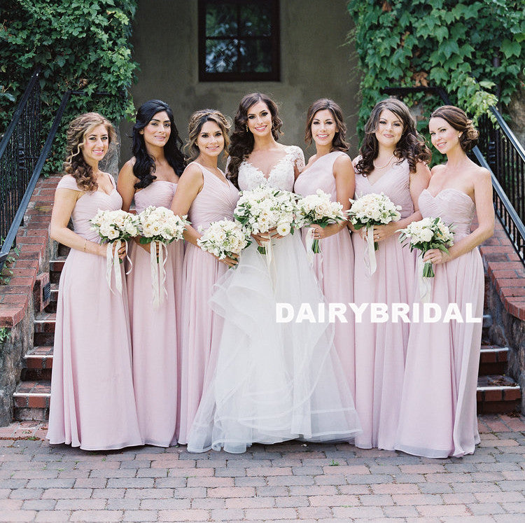 Pink Mismatched A-Line Bridesmaid Dress, Elegant Chiffon Bridesmaid Dress, D949