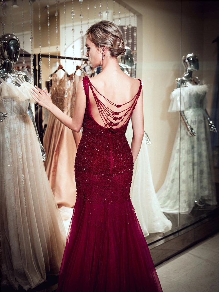 Red Sparkly Beaded Mermaid Sleeveless Tulle Sequin Backless Prom Dresses, FC1780