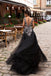 Black Deep V-Neck Tulle A-Line Lace Sleeveless Applique Prom Dresses, FC1799