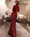 Burgundy Mermaid Beaded Half Sleeve Velvet V-neck Prom Dresses, FC2076