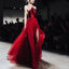 Red A-Line Organza Spaghetti Straps Backless Slit Prom Dresses, FC2156