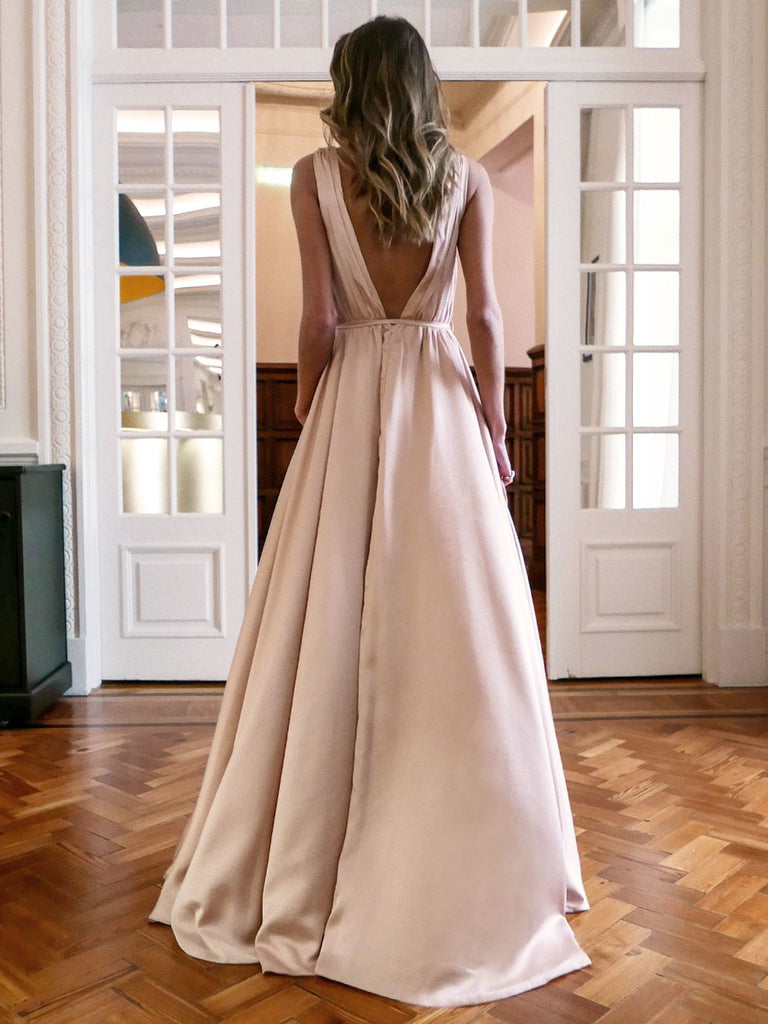 Simple A-line Sleeveless V-neck Slit Backless Prom Dresses, FC2406