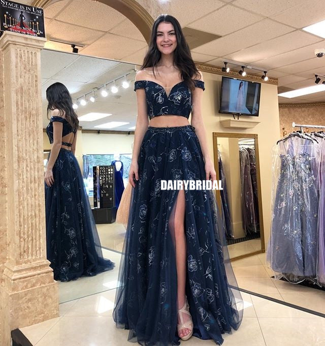 Black Off Shoulder Two Pieces Open-Back Lace Slit A-line Tulle Prom Dresses, FC2411