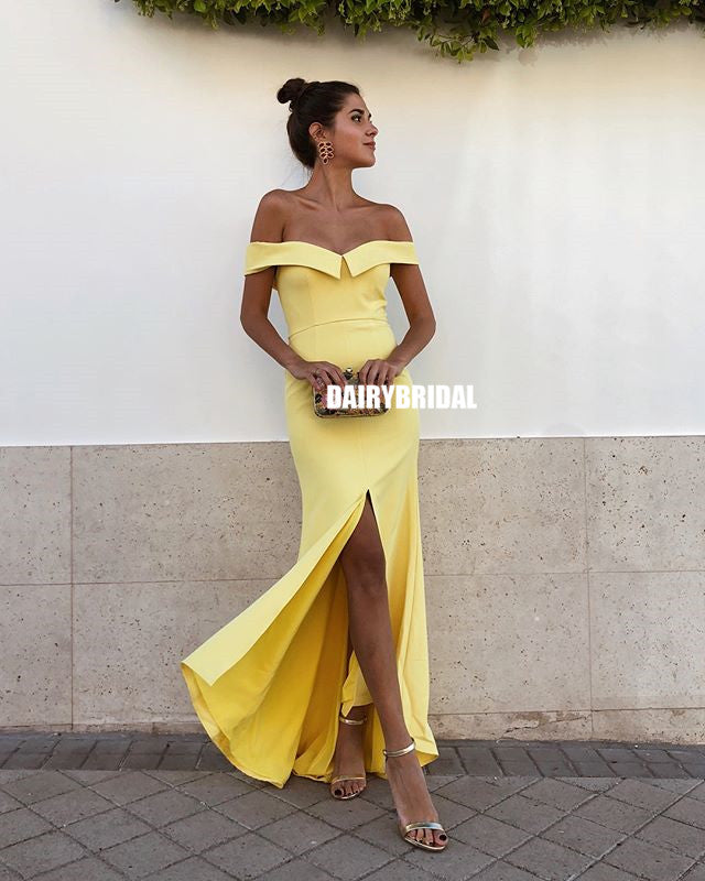 Off Shoulder Yellow Jersey Slit Backless Simple Prom Dresses, FC2432