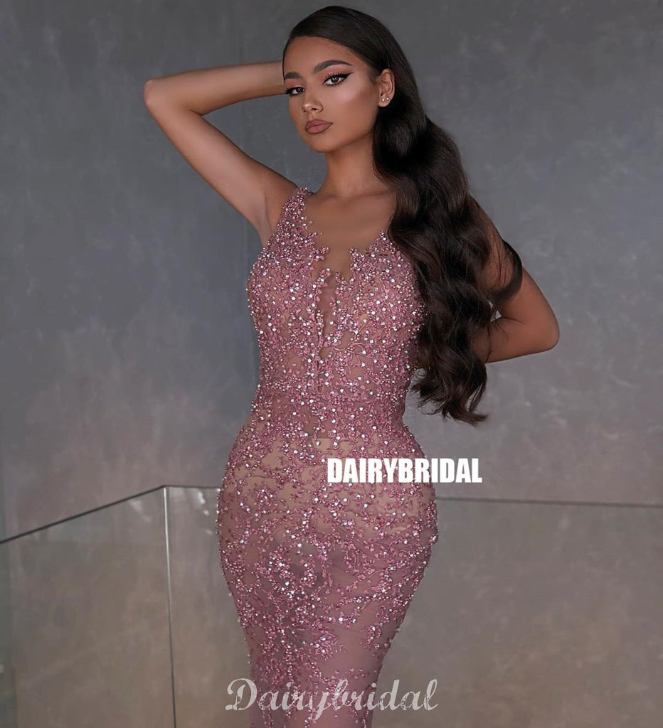 Mermaid Sleeveless Lace Applique Sexy Beaded Prom Dresses, FC4302